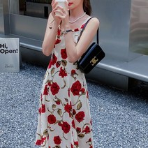 잇츠스타일 여성 레드 로즈 장미 꽃무늬 페미닌 뷔스티에 민소매 여행룩 미디원피스