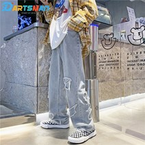 남성 캐주얼 루즈 패치 데님 팬츠