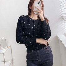코지 미니 진주 땡땡이 라운드넥 크롭 가디건