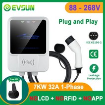 EVSUN EV 충전기 유형 2 IEC62196-2 APP Wifi 제어 21KW 3상 전기 자동차 충전 스테이션 EVSE 벽 박스 케이블 포함, 3.7KW NO(App RFID LCD)