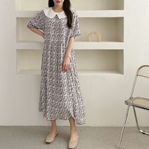 여자 잔꽃 플라워 프린팅 둥근 카라넥 롱 원피스