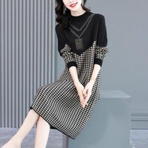 아나운서원피스 5월결혼식하객룩 예복원피스 여성 우아하고 세련된 하운드투스 다이아몬드 파티 니트 스웨터 드레스 긴 소매 슬림 기본 미디 가을 겨울 패션