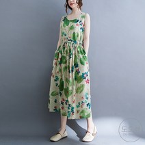 도오빠 여성 민소매 원피스 롱 A라인 라운드넥 꽃무늬 프릴 여행 여름 바캉스 여자원피스