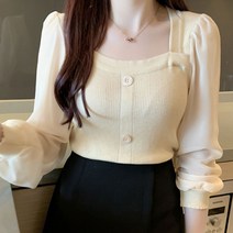 스퀘어넥 쉬폰소매 니트 블라우스 직장인룩 데일리 하객 가을여성 면접 가을 정장 주름 카라 브이넥프릴 라운드넥 초커 꽃무늬 쉬폰 플레어 자켓형 오버핏 여성체크 벌룬소매 셔링 기본