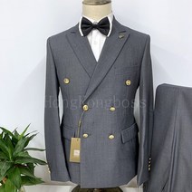 남자 양복 순색 두 벌 금색 더블 버튼 플랫 반박 칼라 큰 사이즈 양복 가벼운 비즈니스 사계절