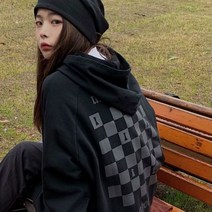 여성 체크 무늬 후드티 빅사이즈 여자 봄 가을 얇은 스웨터 레트로 일본 스트리트 스타일