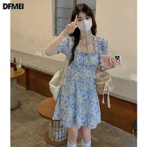 DFMEI 스퀘어넥 플라워 원피스 여 허리 여리 여리 여리 여리 여리 여리 펀칭 스커트