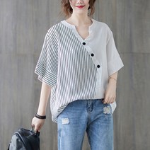 티티웍스 여성용 빅사이즈 브이넥 3버튼 스트라이프 줄무늬 린넨 반팔 티셔츠