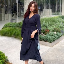 헤링본 가을 롱원피스 브이넥 셔링 스트랩 플레어 루즈핏 빅사이즈 HD033