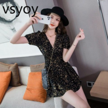 vsyoy 새로운 여성 드레스 프렌치 퍼프 슬리브 쉬폰 우아한 블랙 드레스 여성의 봄과 여름