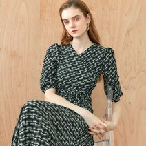 마쟈 [MAXZA]기하학패턴 볼륨소매 져지 랩 플레어 롱원피스
