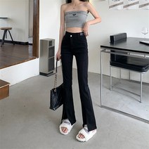 새로운 2023 하이 웨이스트 얇은 스트레치 청바지 여성 올 매치 슬릿 팬츠 플레어 팬츠 조수의 여름 한국 버전