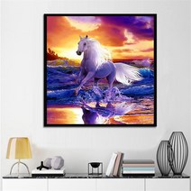 새희망 일출 바다를 달리는 잘생긴 백마 보석십자수 말그림 비즈 큐빅 공예, 80x80cm