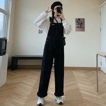 블랙 오버올 슬랙스 자수 하이웨이스트 일자핏 점프수트 데님오버롤 캐주얼 점프슈트 면와이드팬츠