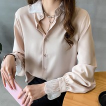 따봉오빠 여성 레이스 카라 소매 포인트 베이직 블라우스 베이지(DB317)