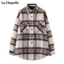 봄블라우스 La Chapelle/La Chapelle 새 옷깃 모직 롱 셔츠 여성 루즈 시크 체크 무늬