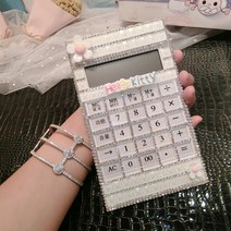 여성스러운 귀여운 블링블링 비즈 큐빅 핸드폰 크기 계산기 휴대용계산기 캐릭터 전자계산기 여자친구 선물용 소품, A.흰색 꽃