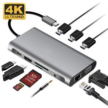 노트북도킹스테이션 c포트 멀티 포트 hdmi 듀얼허브 usb c 허브 컨버터 usb 3.0 4k 호환 type-c 100w pd 충전 어댑터 rj45 macbook pro용, 회색