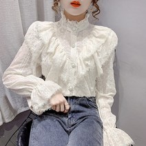 한국어 스타일 스탠드 칼라 pleated 탑 패션 프릴 스티치 우아한 레이스 블라우스 긴 소매 느슨한 쉬폰 셔츠 blusas 15832