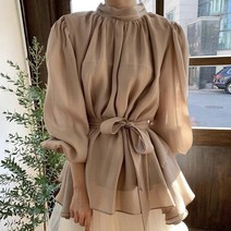 랑랑 플리츠 허리벨트 샤랄라 블라우스 베이지 블랙