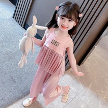 키즈 여아 아이스 냉감 민소매 티셔츠 상하의세트 루즈핏 반팔티 와이드 팬츠 주니어 초등학생