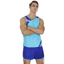 마라톤복 육상복 러닝 조깅 남자 달리기 세트 빠른 건조 스프린트 스포츠 유니폼 조끼, 파란색, 3xl