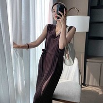 XINYIN 브이넥 민소매 얇은 니트원피스 롱원피스
