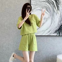 자칠 아보카도 그린 반팔 반바지 세트 여름 루즈핏 날씬해 보이는 트레이닝복 투피스