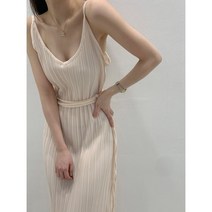 치크 플리츠 주름 여리 민소매 리본끈 스트랩 딥 브이넥 슬립 롱 원피스 3color