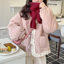 일본 가와이 숏 자켓 여성 스위트 프레피 스타일 겨울 오버 코트 귀여운 레이스 패치 워크 캐쥬얼 걸스 핑