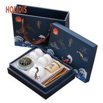HOLIDIS 다도세트 다기+차+향로 다기 선물 세트 명절 선물 4인, 흰색+집게+향로