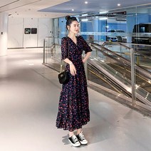 쉬폰 허리 스트링 롱원피스 프렌치 티슬립 기질 부드러운 바람 롱스커트 여름 여 반팔 브이