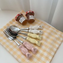 귀여운 곰돌이 디저트 커트러리 포크 스푼, 나이프, 코코넛화이트