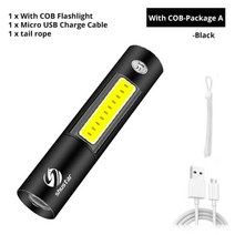 고휘도 손전등 멀티 휴대용 써치라이트 USB 충전 미니 LED 3 가지 조명 모드 방수 플래시 텔레픽 줌 스타일리시한 제품 야간용 라이트, COB-블랙 포함_충전식