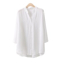 네추럴 모던 트임 롱 블라우스 여성 7부 차이나 브이넥 빅사이즈