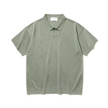KNITTED 쿨 숏 슬리브 오픈카라 니트티 SAGE GREEN
