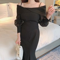 오프 숄더 머메이드 롱 원피스 여성 초봄 원피스 시크 우아 퍼프 소매 보트넥 나시 원피스 꼬임 디자인