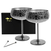홈카페 414ml(14온스) 에칭 마티니 칵테일 잔 블랙 도금 스테인리스 스틸 2개 세트 피크 포함233141