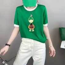 라운드넥반팔티 보기좋은 자수 애니메이션 오리 멜란 여성 2022 여름 와이드 루즈핏 텐셀 니트 톱 4818685414