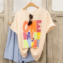 원타임 레터링 루즈핏 단가라 반팔 스트라이프 티셔츠