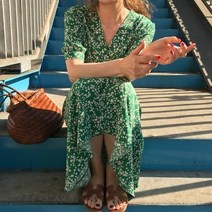 수입원피스 수입의류 세련된 한국 스타일 우아한 넥 그린 꽃 치마 허리 포옹 슬리밍 복고풍 이너 드레스 프랑스 봄여름