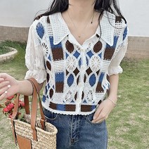 스타일아유 여자 여름 프렌치 플라워 크로쉐 버튼 에스닉 카라 퍼프 플라워 자수 빈티지 가디건