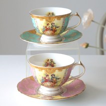 앤틱 커피잔 2인 핑크그린 선물 세트