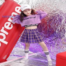 키즈 치어리더 스트릿댄스 패션 비걸 아동 방송댄스 의상 복 세트 댄스개인레슨 성인, 자색 체크 스커트_130cm
