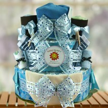 하기스기저귀케이크3단 출산백일돌선물세트 기저귀63개+바디슈트2벌+턱받이+비니+양말+무형광손수건, 남아용, 4단계 돌선물용(대형), 반팔1벌 긴팔1벌