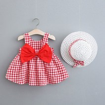 왕리본 체크 유아 여아 여름 민나시 원피스 모자 세트