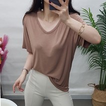 제이후 1+1 여성 무지 기본 찰랑 레이온 스판 편한 브이넥 반팔 티셔츠