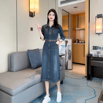 빈티지 데님 원피스 허리 밸트 슬림 오피스룩 스티치