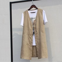 Tagi.패션 여성 브이넥 면마 조끼 오버핏 가디건 롱 베스트 여름 데일리