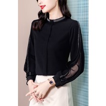 벌룬소매블라우스 가을 버블 실크블라우스 스탠딩카라 긴소매 여성 예쁜 상의 반팔셔츠 2854787993